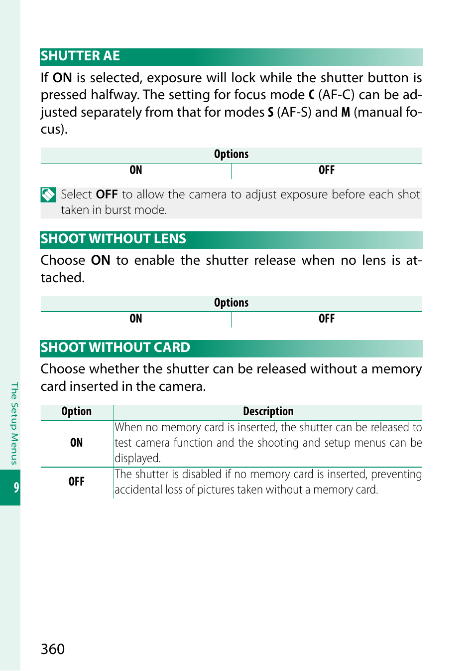 Shutter ae, Shoot without lens, Shoot without card | Shutter ae shoot without lens shoot without card | FujiFilm GFX100 II Medium Format Mirrorless Camera User Manual | Page 388 / 500