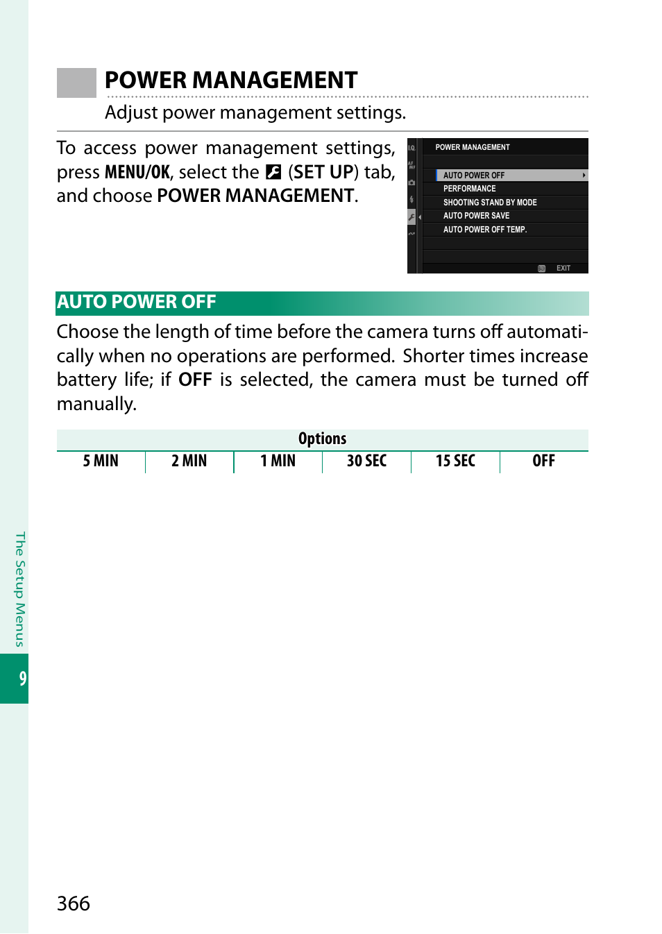 Power management, Auto power off | FujiFilm GFX100 II Medium Format Mirrorless Camera User Manual | Page 394 / 500