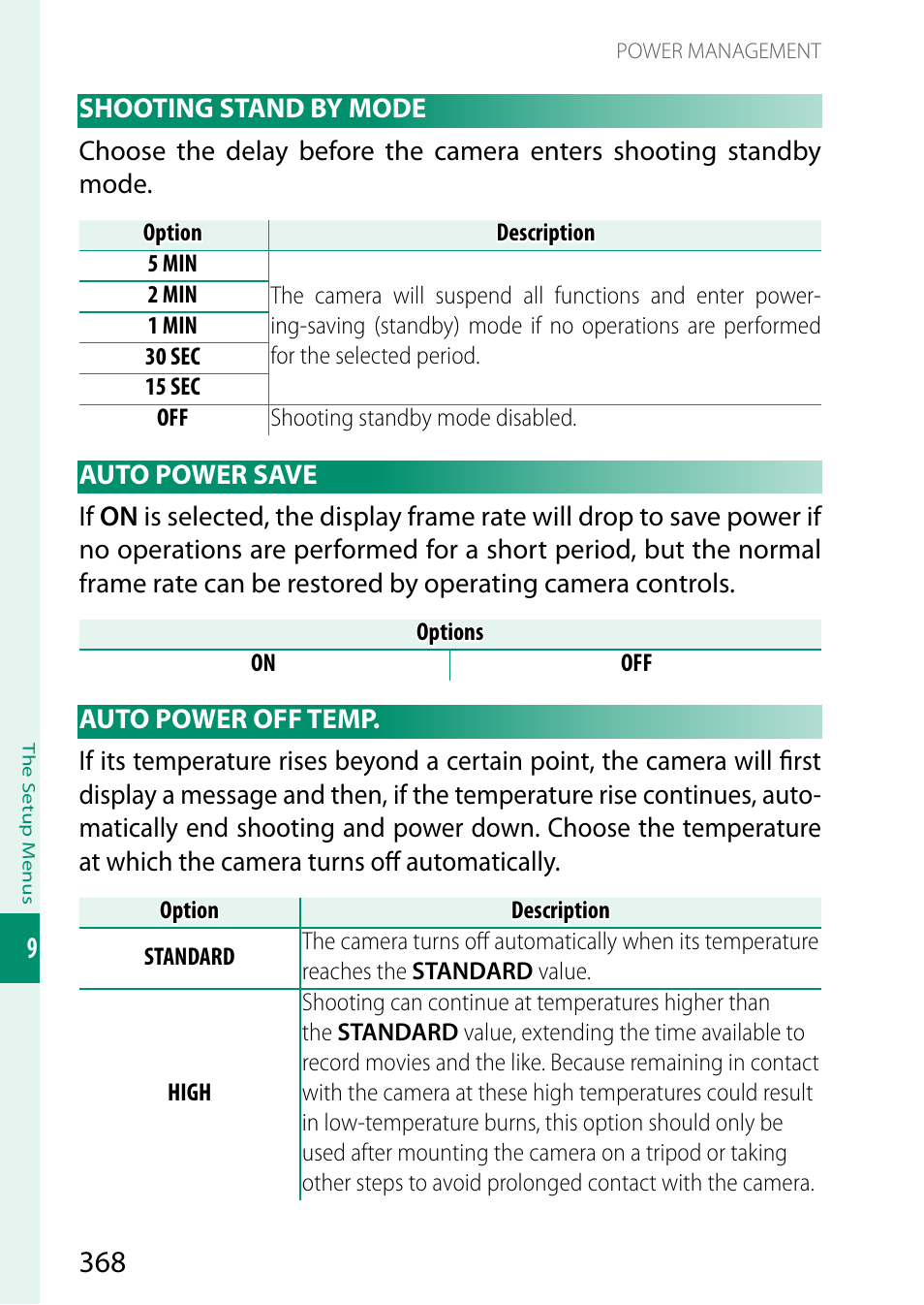 Shooting stand by mode, Auto power save, Auto power off temp | FujiFilm GFX100 II Medium Format Mirrorless Camera User Manual | Page 396 / 500