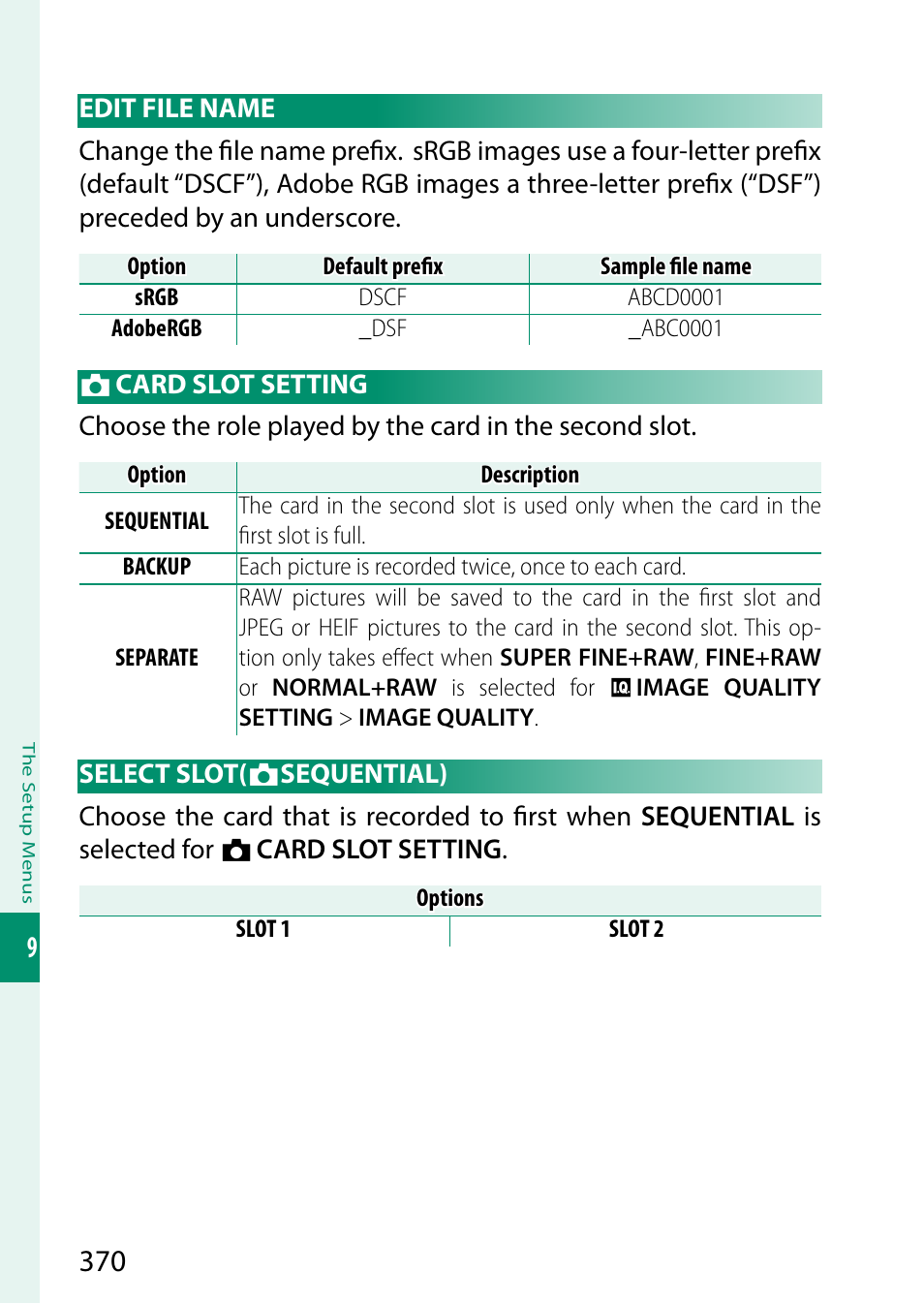 Edit file name, Card slot setting, Select slot(sequential) | Select slot, Sequential) | FujiFilm GFX100 II Medium Format Mirrorless Camera User Manual | Page 398 / 500