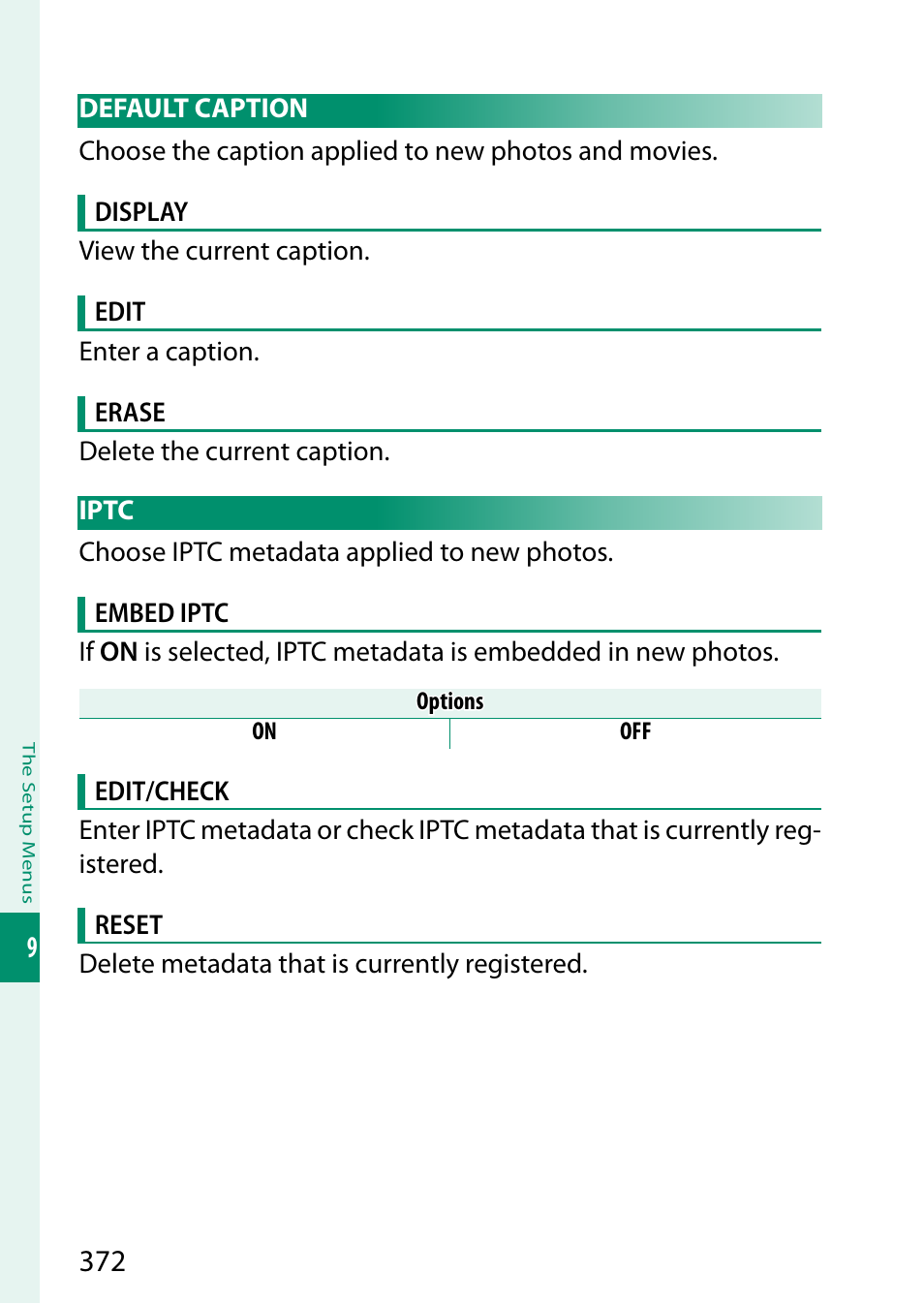 Default caption, Iptc, Default caption iptc | FujiFilm GFX100 II Medium Format Mirrorless Camera User Manual | Page 400 / 500