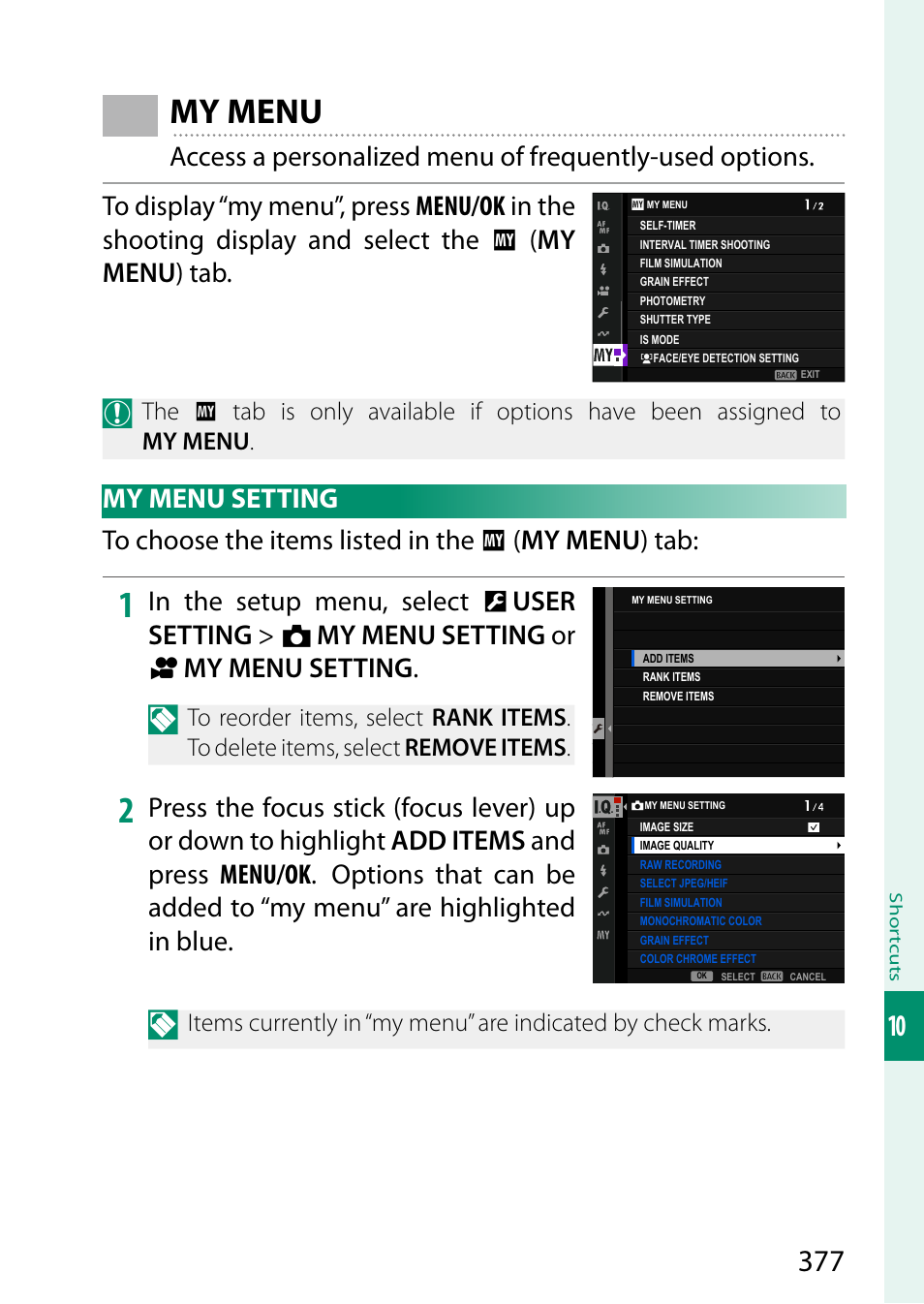 My menu, My menu setting | FujiFilm GFX100 II Medium Format Mirrorless Camera User Manual | Page 405 / 500