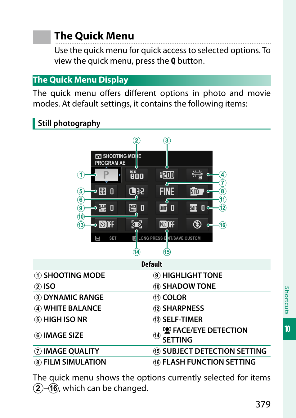 The quick menu, The quick menu display | FujiFilm GFX100 II Medium Format Mirrorless Camera User Manual | Page 407 / 500