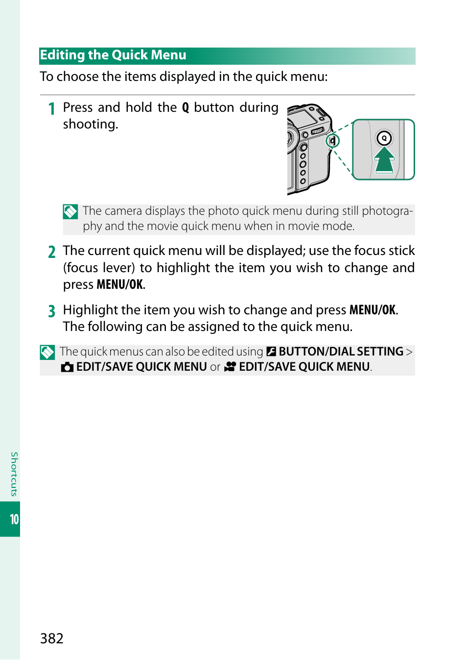 Editing the quick menu | FujiFilm GFX100 II Medium Format Mirrorless Camera User Manual | Page 410 / 500
