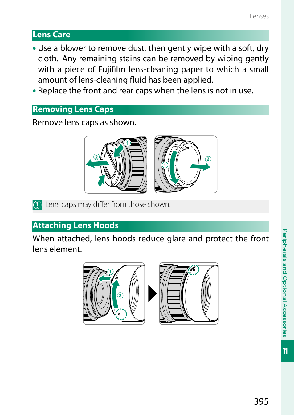 Lens care, Removing lens caps, Attaching lens hoods | Lens care removing lens caps attaching lens hoods | FujiFilm GFX100 II Medium Format Mirrorless Camera User Manual | Page 423 / 500