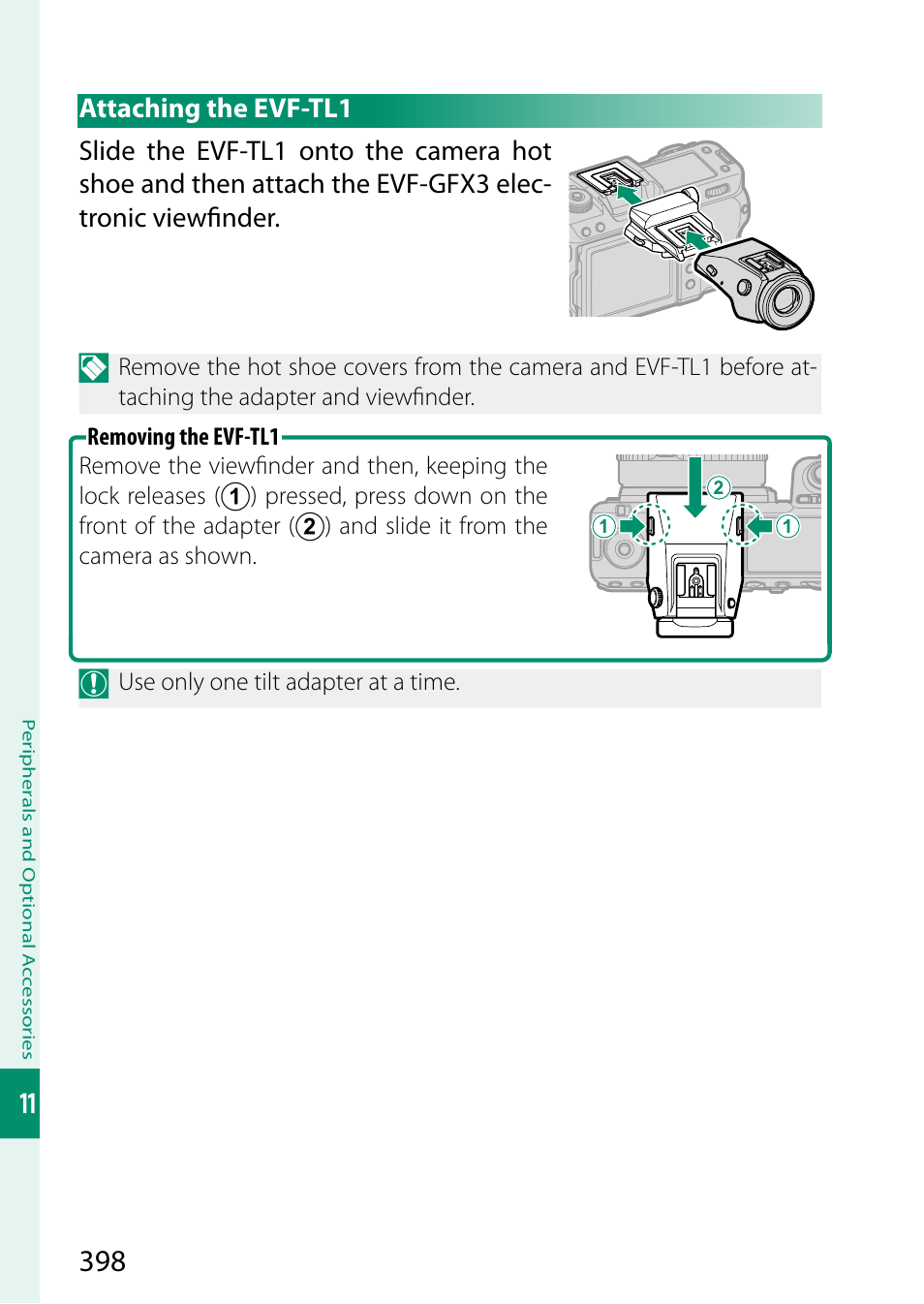 Attaching the evf‑tl1, Attaching the evf-tl1 | FujiFilm GFX100 II Medium Format Mirrorless Camera User Manual | Page 426 / 500