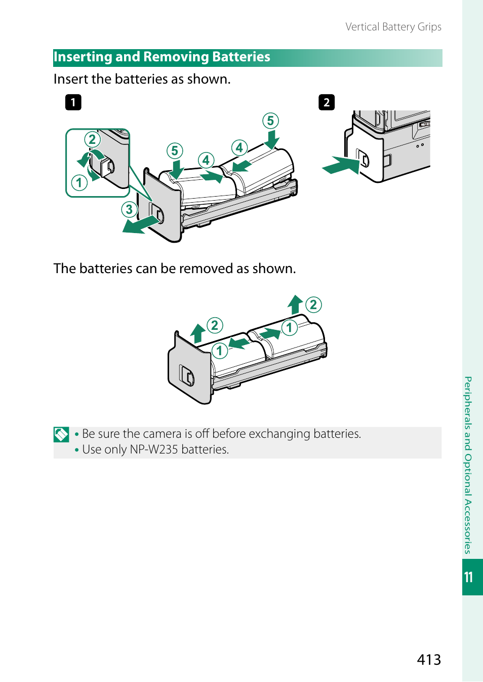 Inserting and removing batteries | FujiFilm GFX100 II Medium Format Mirrorless Camera User Manual | Page 441 / 500