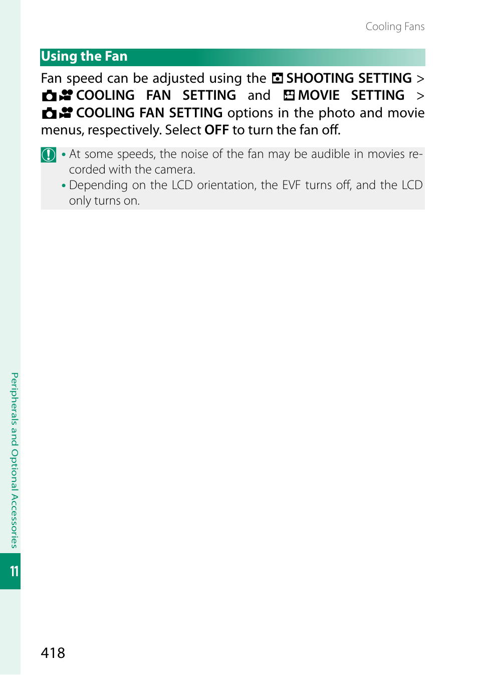 Using the fan | FujiFilm GFX100 II Medium Format Mirrorless Camera User Manual | Page 446 / 500