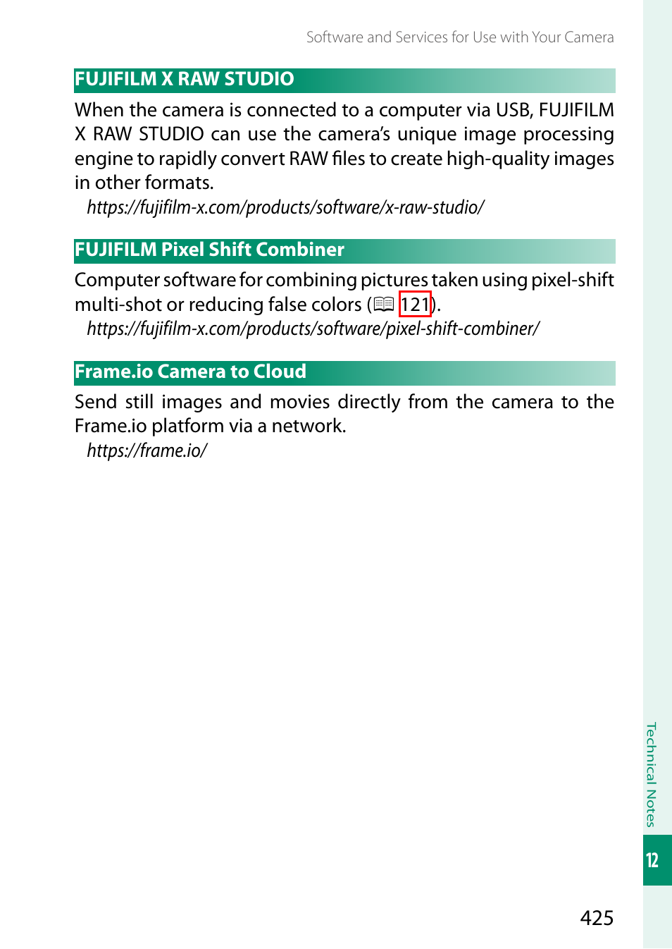 Fujifilm x raw studio, Fujifilm pixel shift combiner, Frame.io camera to cloud | FujiFilm GFX100 II Medium Format Mirrorless Camera User Manual | Page 453 / 500