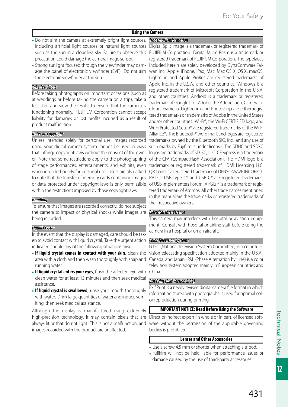 For your safety | FujiFilm GFX100 II Medium Format Mirrorless Camera User Manual | Page 459 / 500