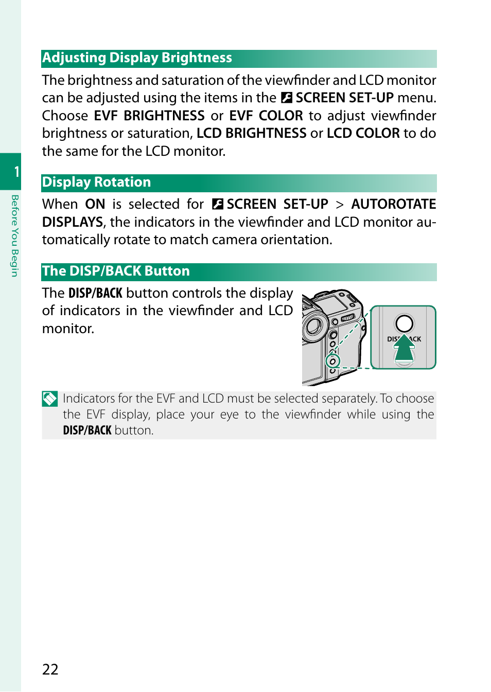 Adjusting display brightness, Display rotation, The disp/back button | FujiFilm GFX100 II Medium Format Mirrorless Camera User Manual | Page 50 / 500