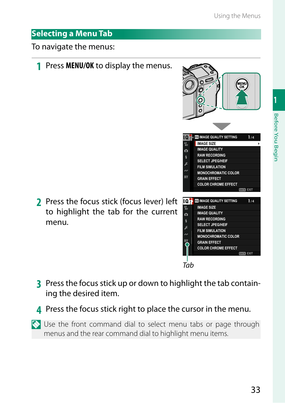 Selecting a menu tab, Selecting a menu tab to navigate the menus, Press menu/ok to display the menus | FujiFilm GFX100 II Medium Format Mirrorless Camera User Manual | Page 61 / 500