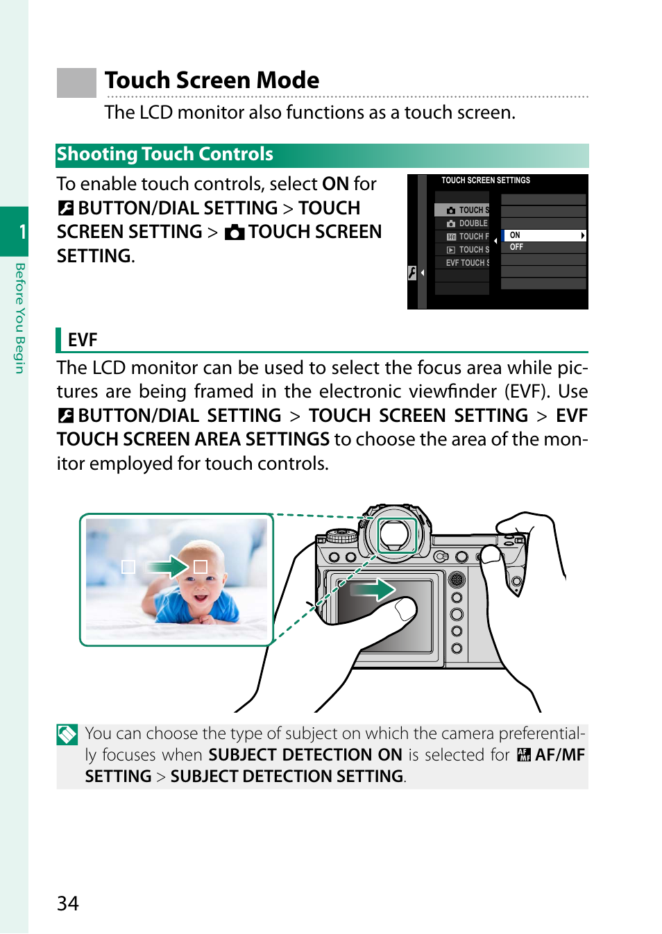 Touch screen mode, Shooting touch controls | FujiFilm GFX100 II Medium Format Mirrorless Camera User Manual | Page 62 / 500