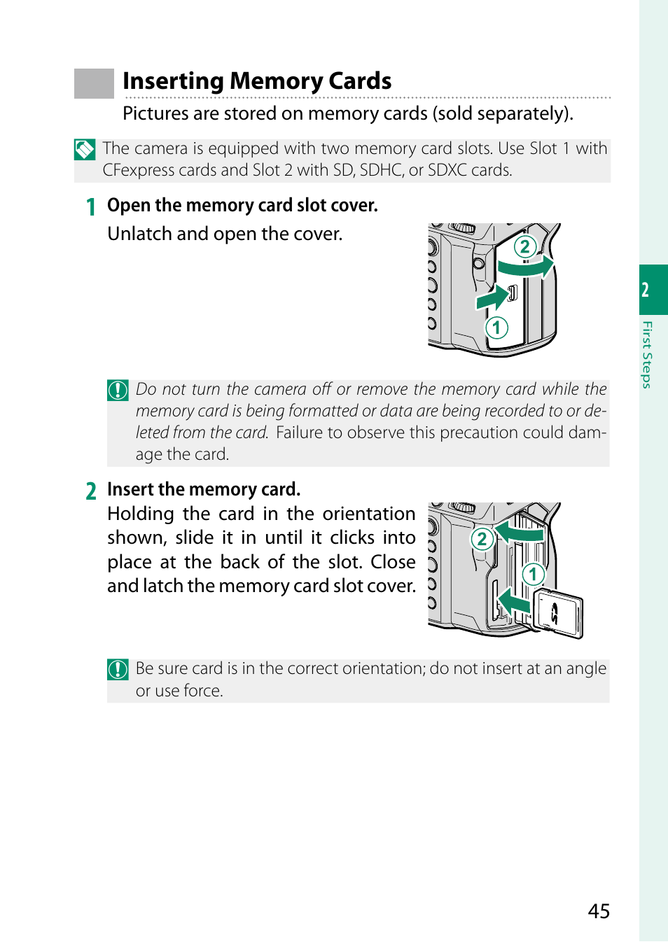 Inserting memory cards | FujiFilm GFX100 II Medium Format Mirrorless Camera User Manual | Page 73 / 500