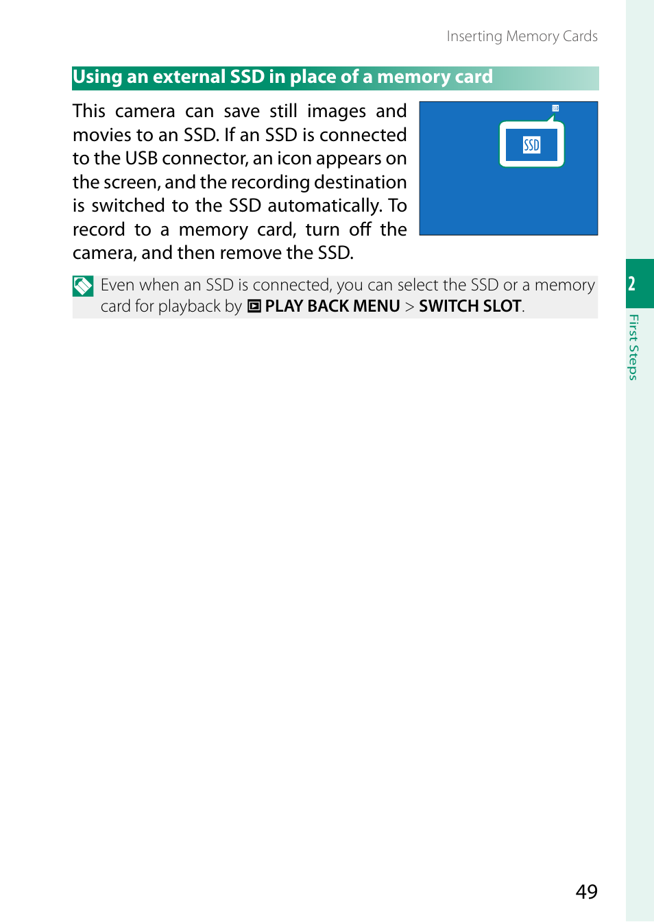 Using an external ssd in place of a memory card | FujiFilm GFX100 II Medium Format Mirrorless Camera User Manual | Page 77 / 500