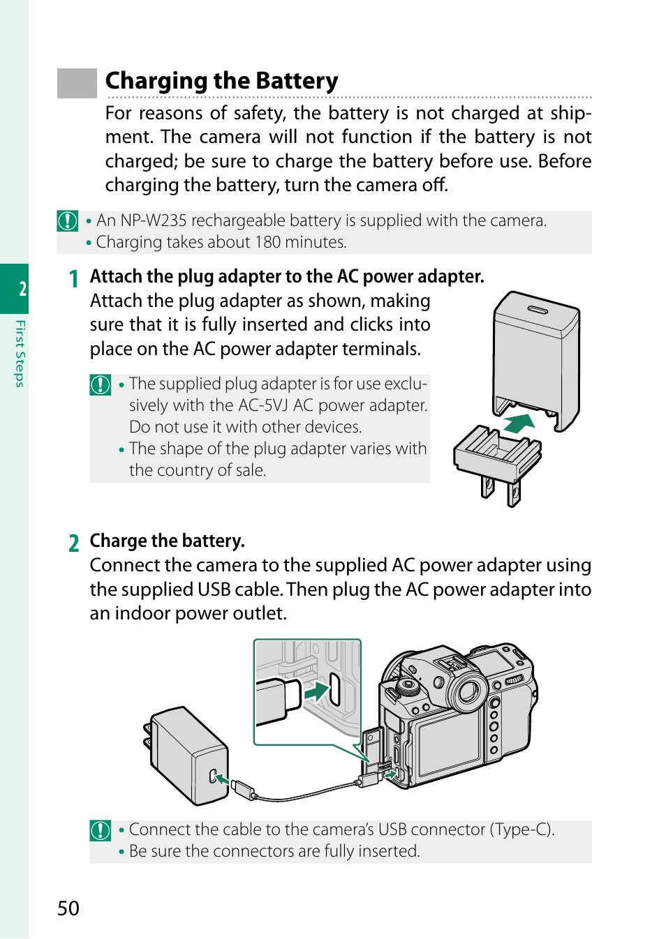 Charging the battery | FujiFilm GFX100 II Medium Format Mirrorless Camera User Manual | Page 78 / 500