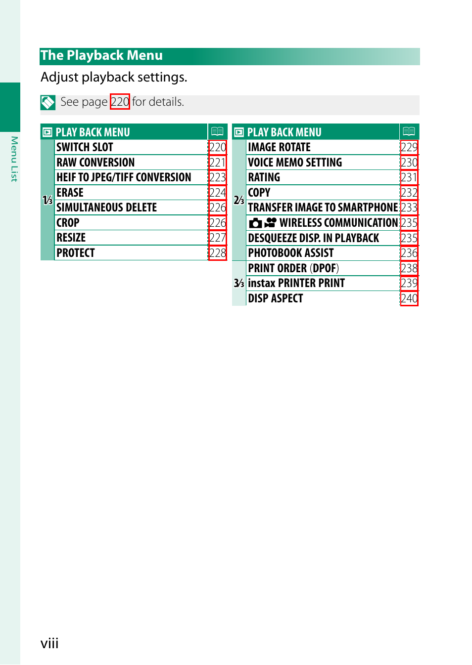 The playback menu, Viii | FujiFilm GFX100 II Medium Format Mirrorless Camera User Manual | Page 8 / 500