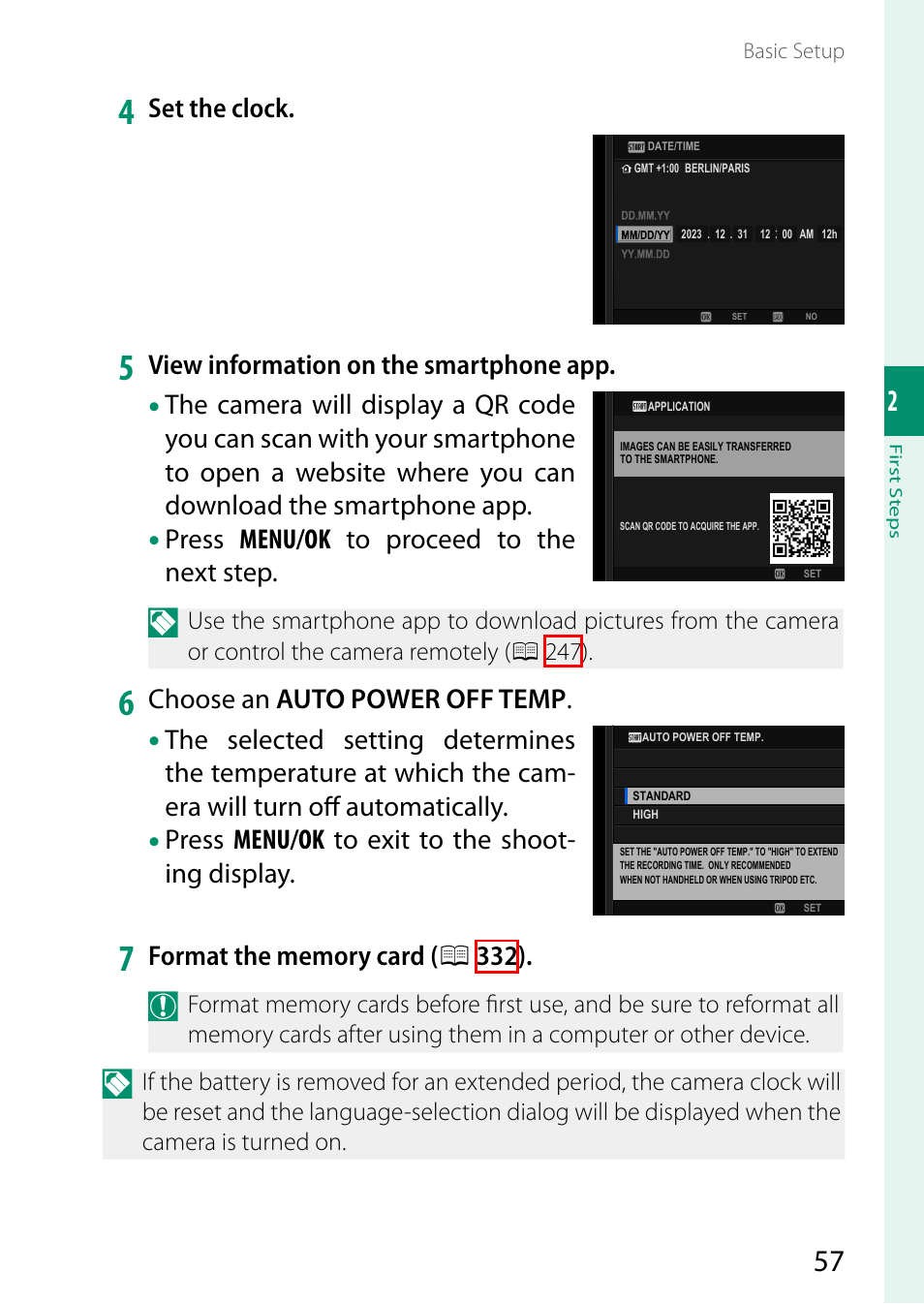 Set the clock, View information on the smartphone app, Press menu/ok to proceed to the next step | Choose an auto power off temp, Press menu/ok to exit to the shoot- ing display | FujiFilm GFX100 II Medium Format Mirrorless Camera User Manual | Page 85 / 500