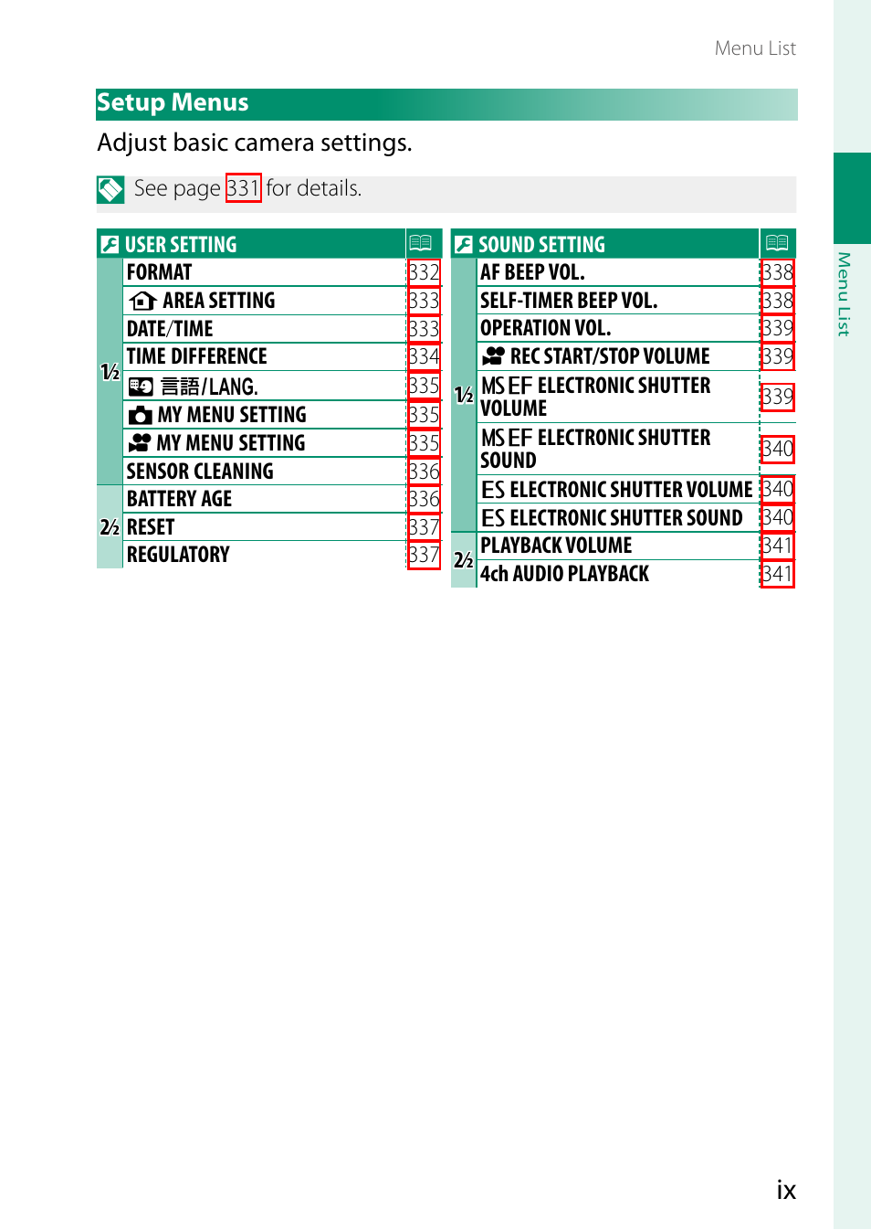 Setup menus | FujiFilm GFX100 II Medium Format Mirrorless Camera User Manual | Page 9 / 500