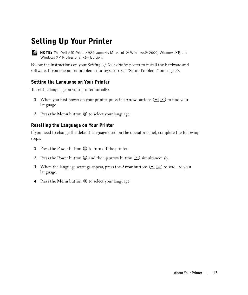 Setting up your printer | Dell 924 User Manual | Page 13 / 94