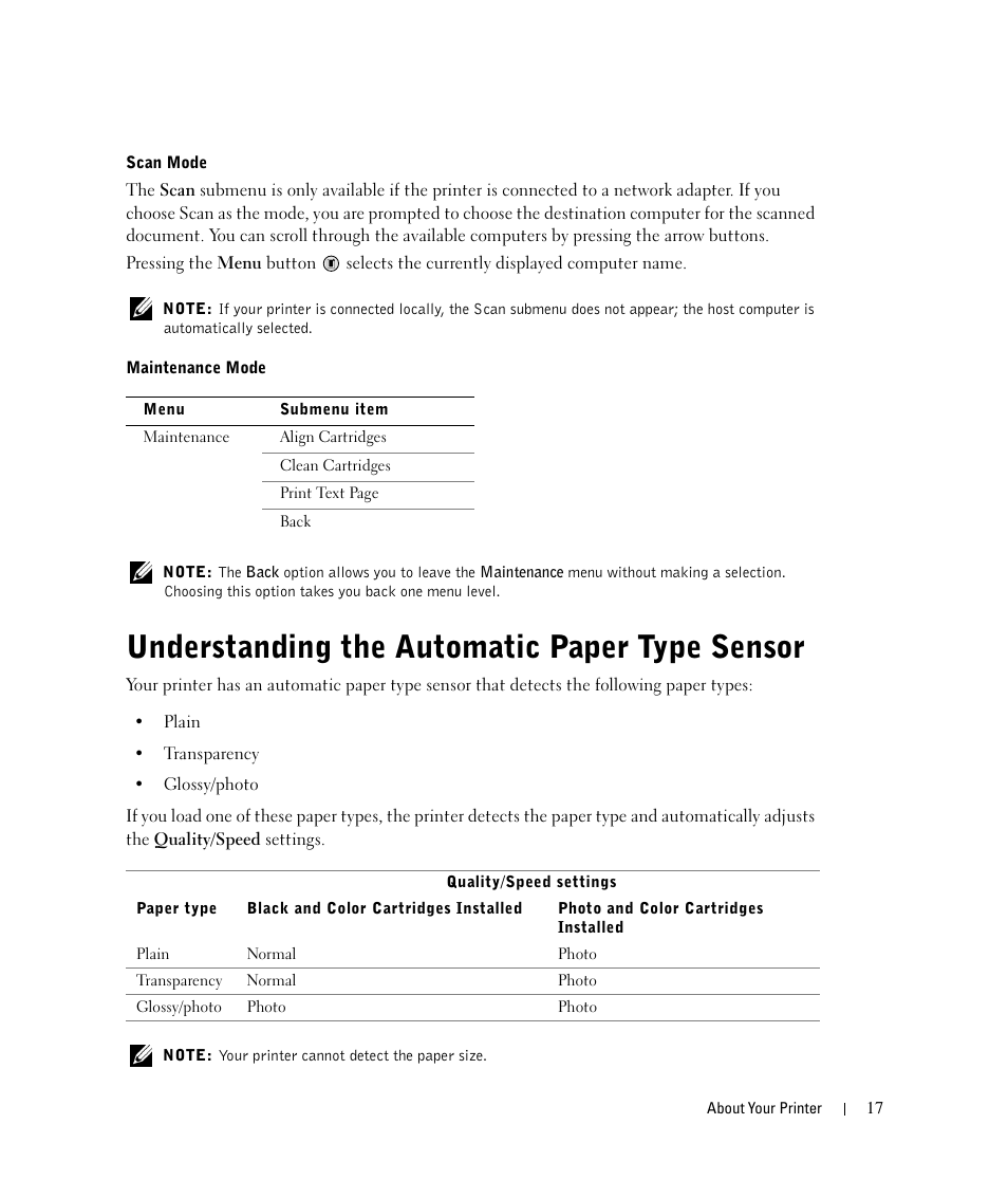 Understanding the automatic paper type sensor | Dell 924 User Manual | Page 17 / 94