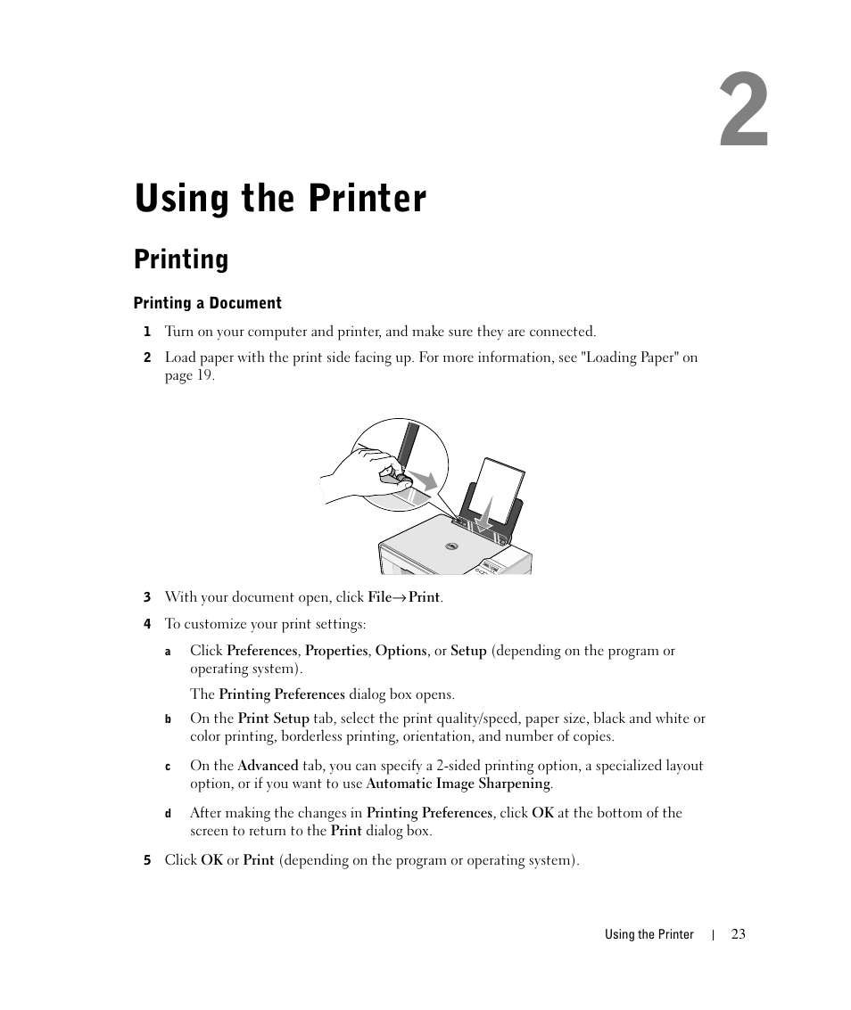 Using the printer, Printing | Dell 924 User Manual | Page 23 / 94