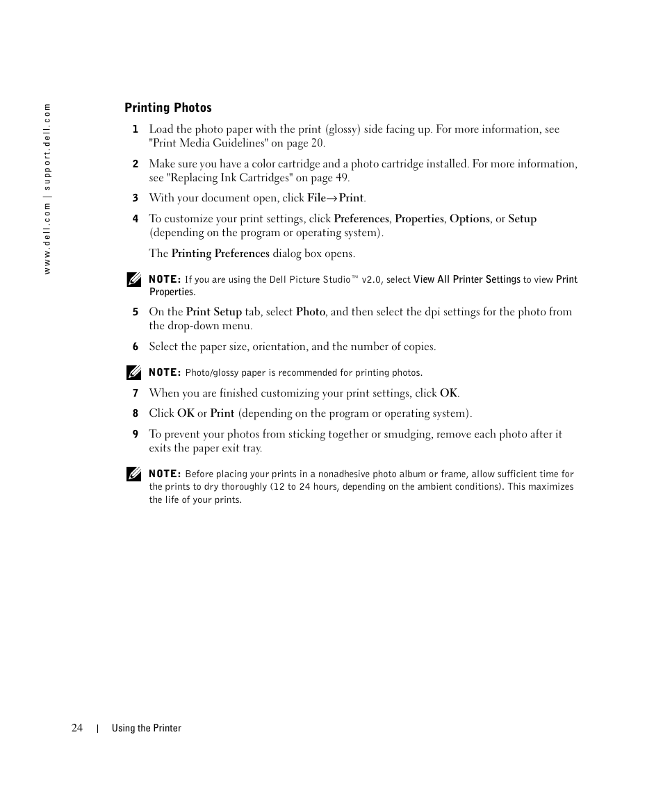 Printing photos | Dell 924 User Manual | Page 24 / 94