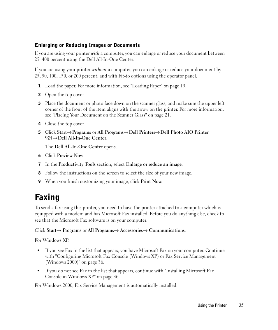 Faxing | Dell 924 User Manual | Page 35 / 94