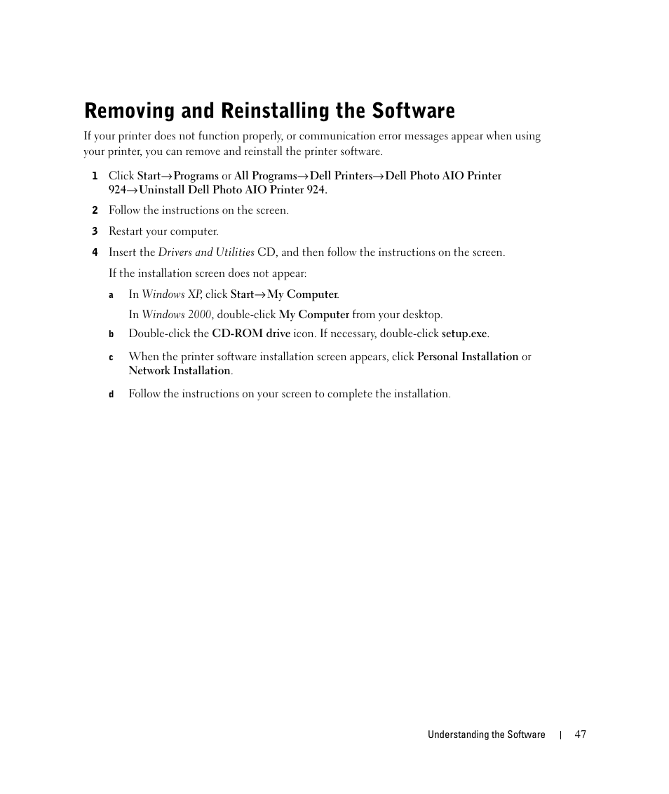 Removing and reinstalling the software | Dell 924 User Manual | Page 47 / 94