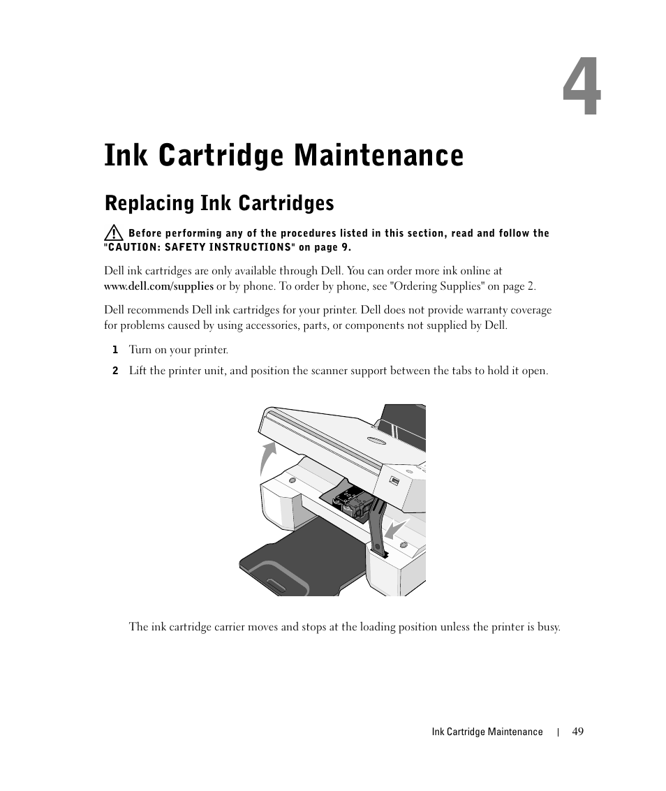 Ink cartridge maintenance, Replacing ink cartridges | Dell 924 User Manual | Page 49 / 94