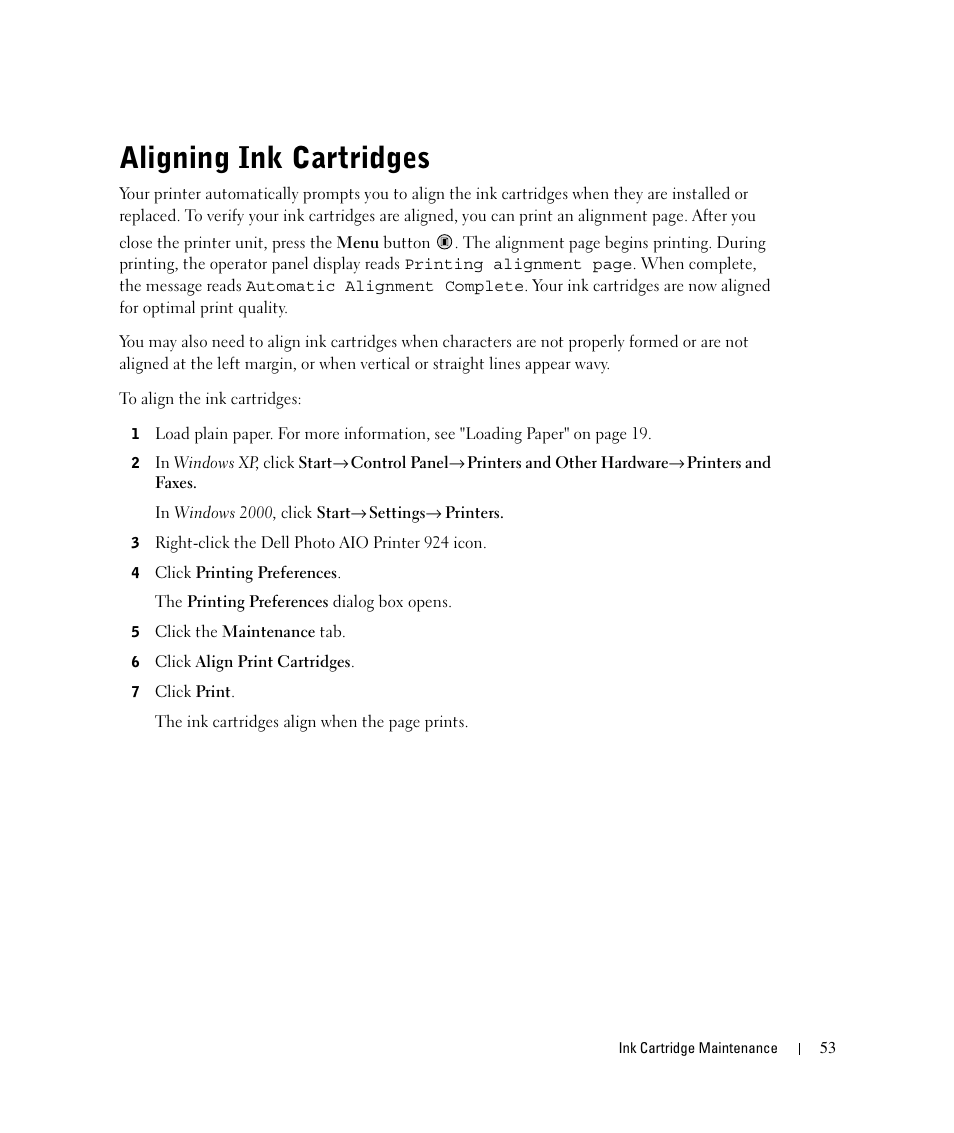 Aligning ink cartridges | Dell 924 User Manual | Page 53 / 94