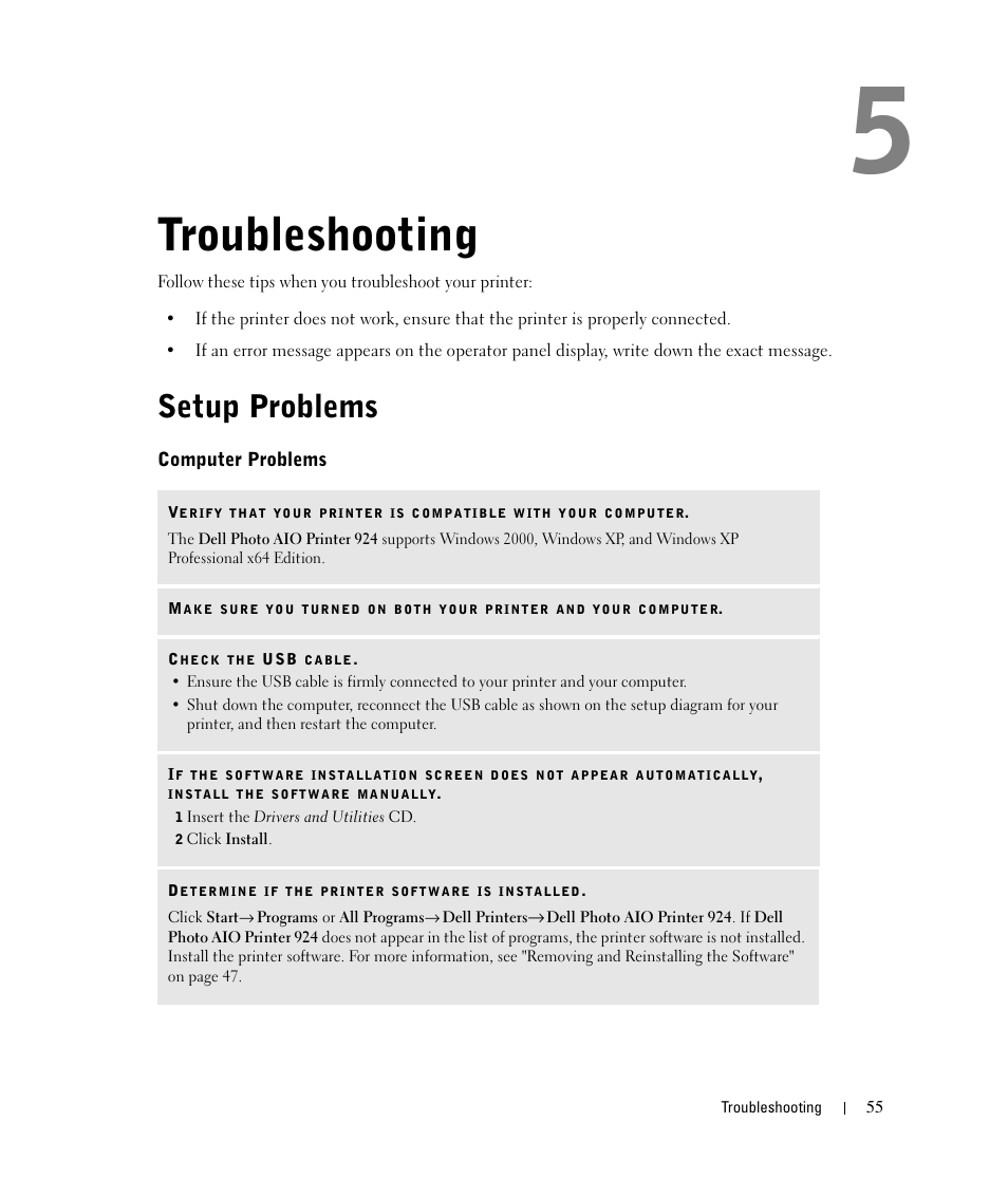Troubleshooting, Setup problems, Computer problems | Dell 924 User Manual | Page 55 / 94