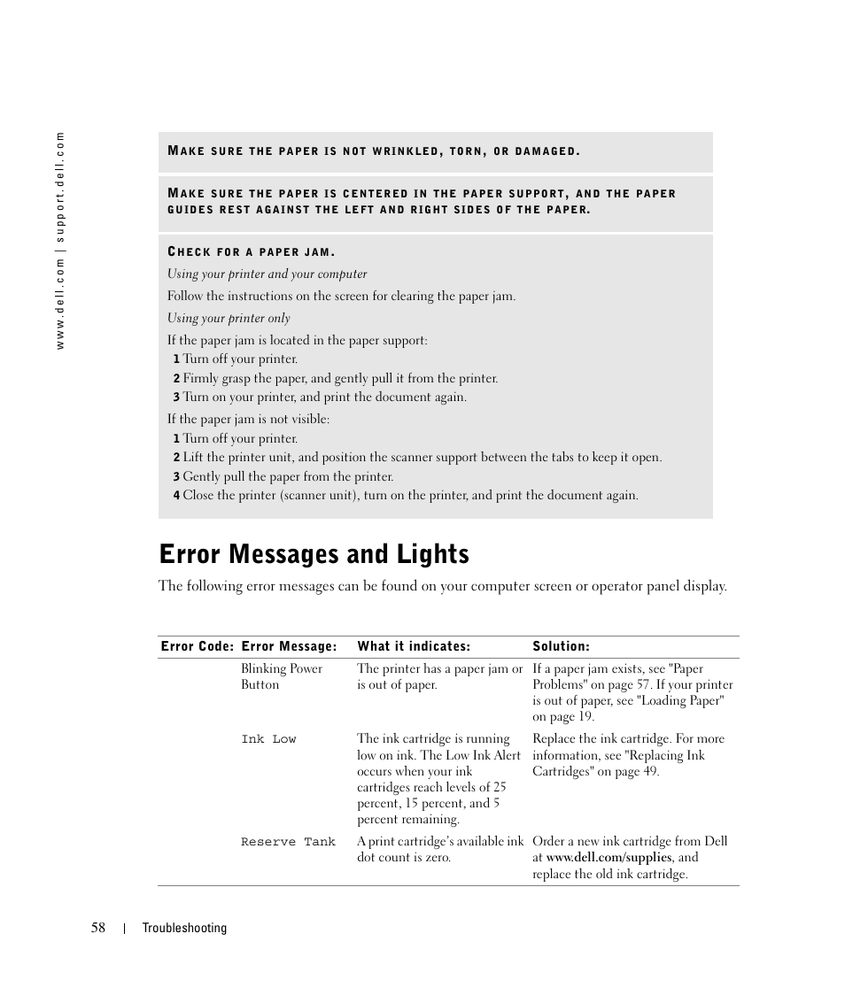 Error messages and lights | Dell 924 User Manual | Page 58 / 94