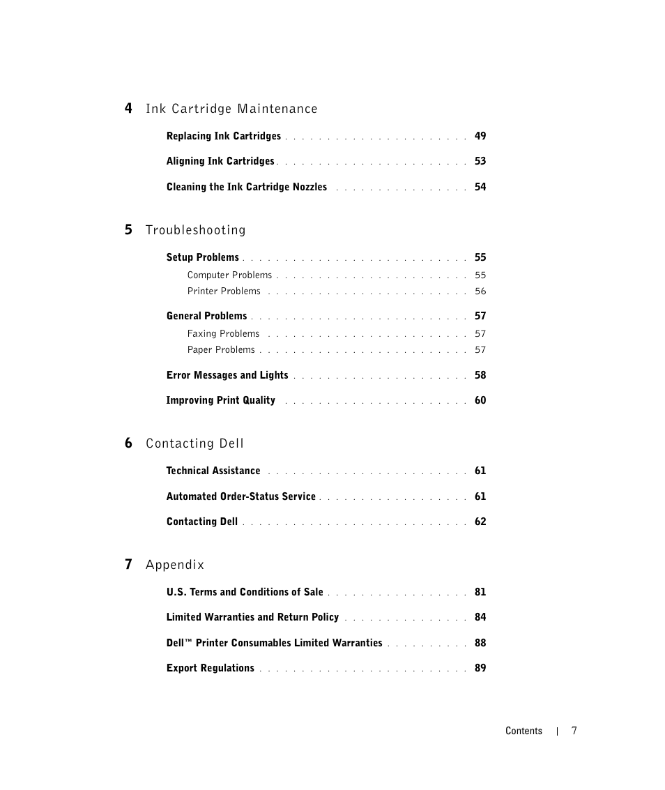 4ink cartridge maintenance, 5troubleshooting, 6contacting dell | 7appendix | Dell 924 User Manual | Page 7 / 94