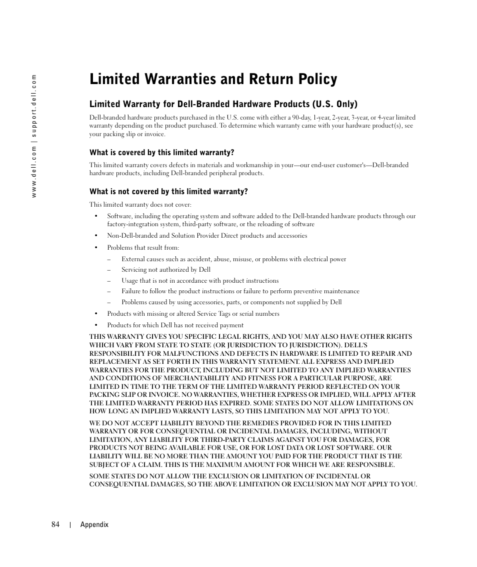 Limited warranties and return policy | Dell 924 User Manual | Page 84 / 94