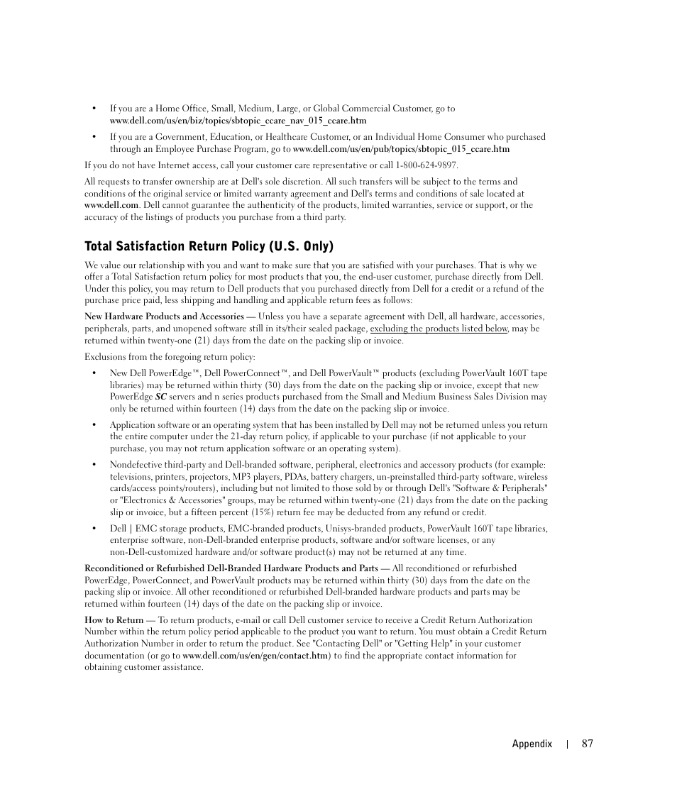 Total satisfaction return policy (u.s. only) | Dell 924 User Manual | Page 87 / 94