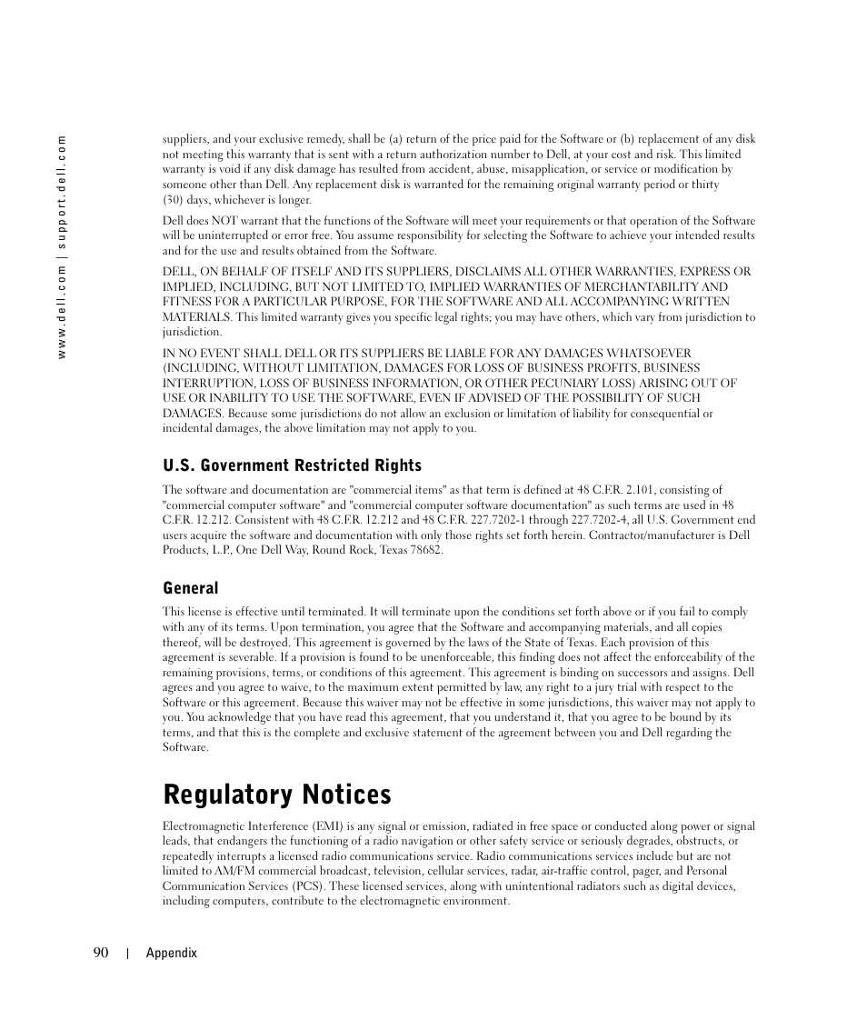 Regulatory notices, U.s. government restricted rights, General | Dell 924 User Manual | Page 90 / 94