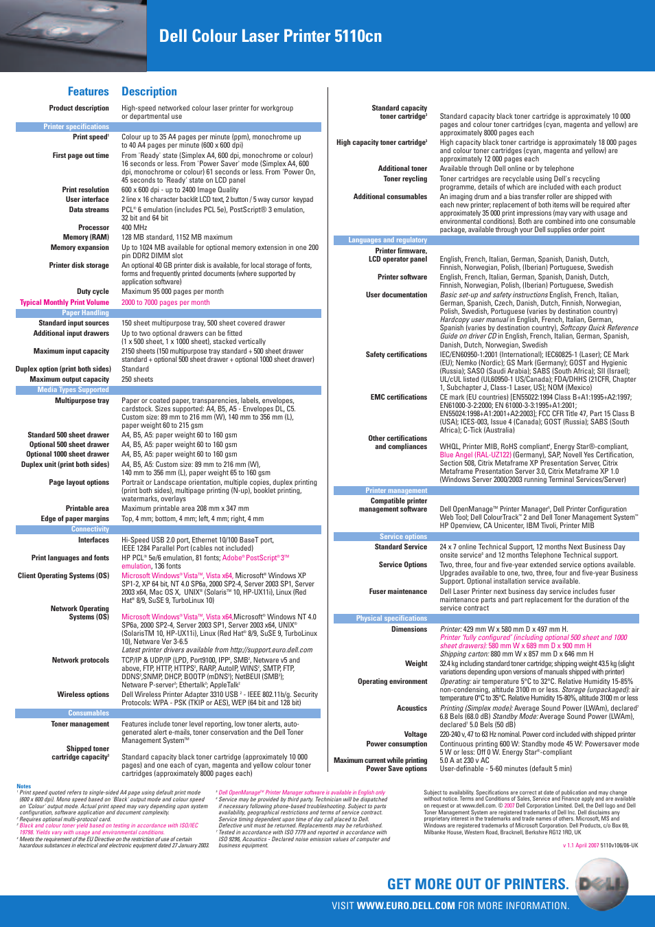 Dell colour laser printer 5110cn, Get more out of printers, Features description | Dell 5110cn User Manual | Page 2 / 2