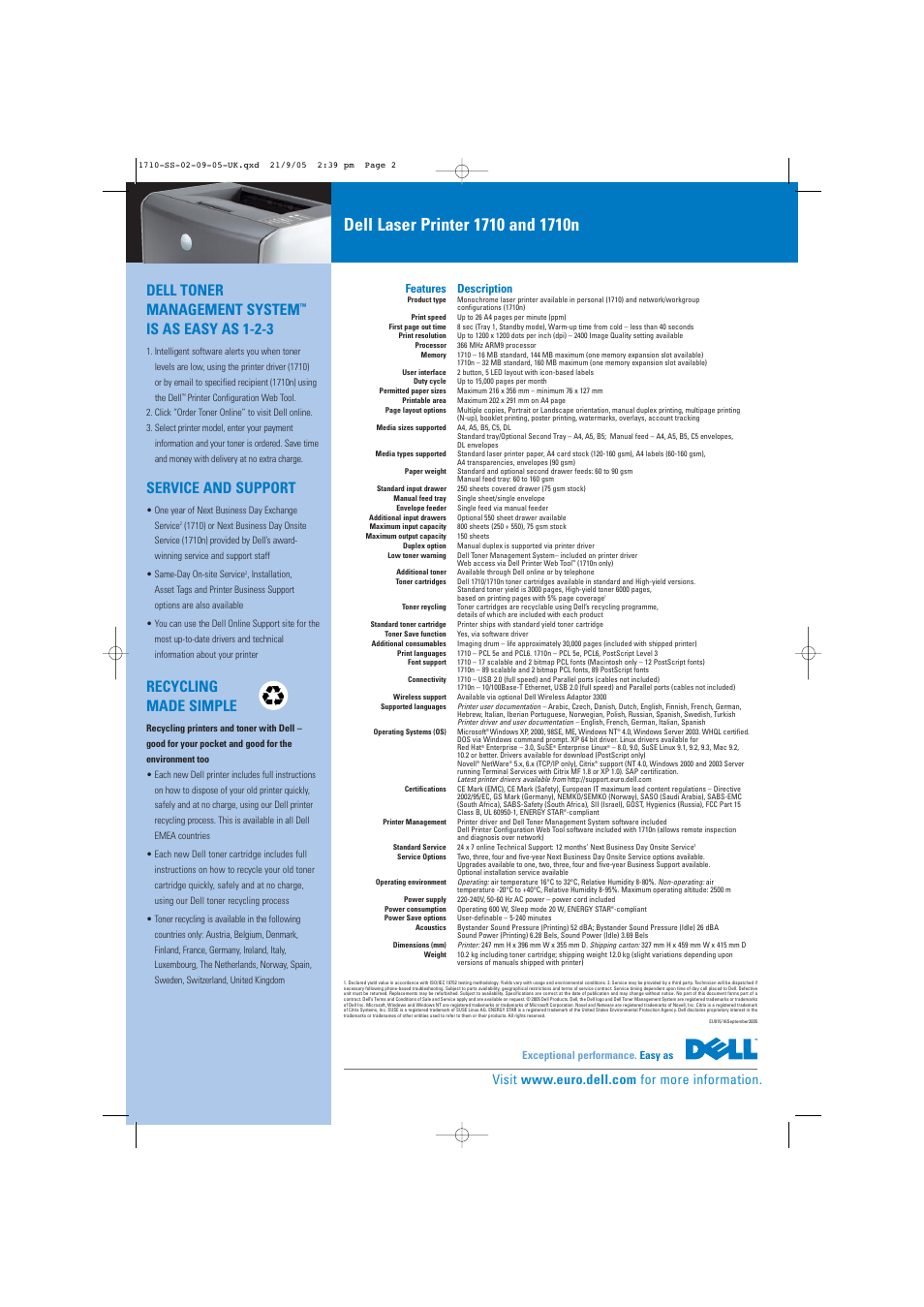 Dell toner management system, Is as easy as 1-2-3, Service and support | Recycling made simple, Features description | Dell 1710 User Manual | Page 2 / 2