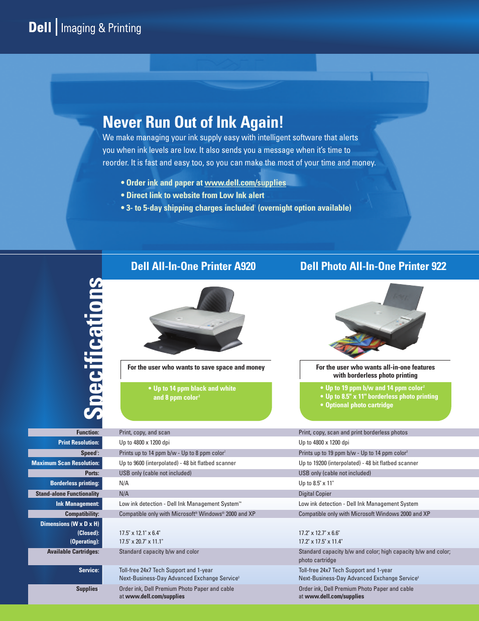 Specifications, Never run out of ink again, Overnight option available) | Dell 922 User Manual | Page 2 / 4