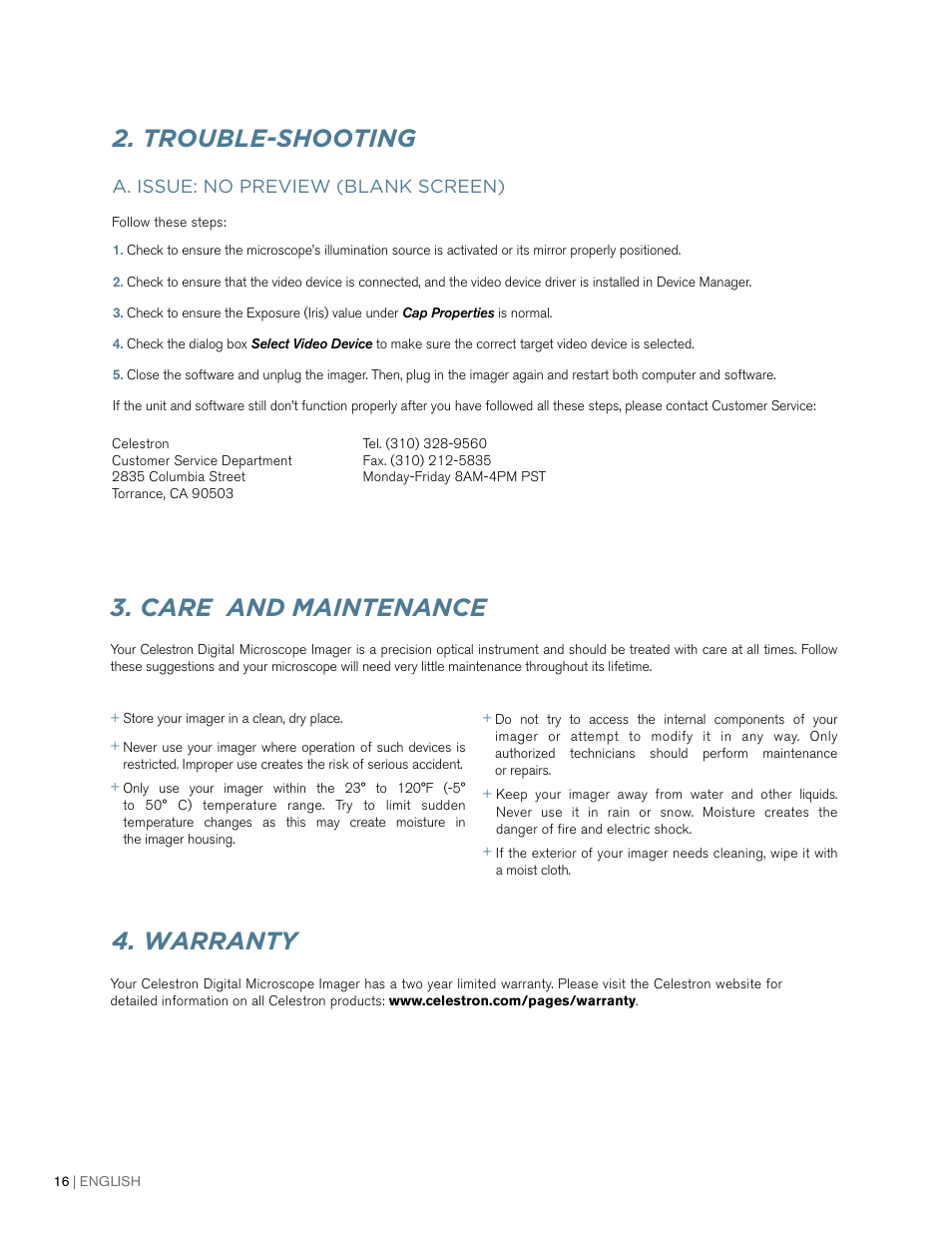 Trouble-shooting, Warranty 3. care and maintenance | Celestron 2MP Digital Microscope Imager User Manual | Page 16 / 85