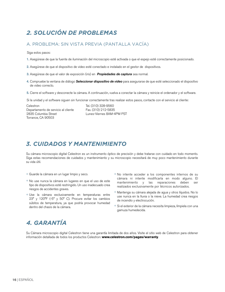 Solución de problemas, Garantía 3. cuidados y mantenimiento | Celestron 2MP Digital Microscope Imager User Manual | Page 67 / 85