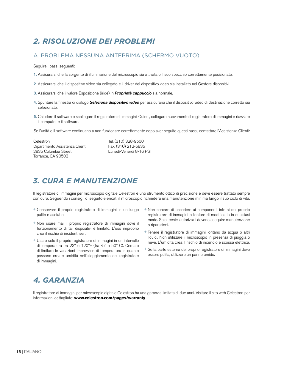 Risoluzione dei problemi, Garanzia 3. cura e manutenzione | Celestron 2MP Digital Microscope Imager User Manual | Page 84 / 85