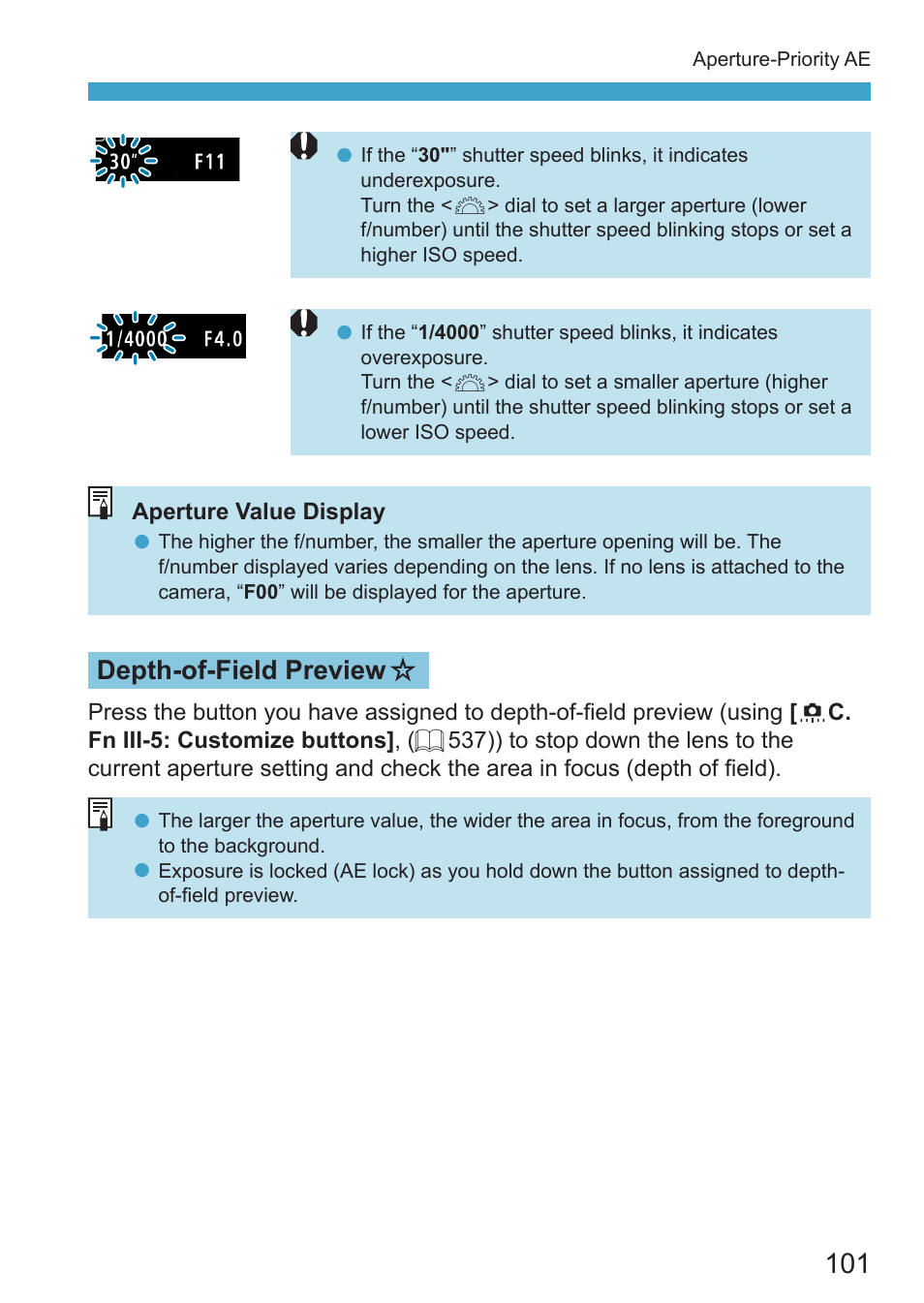 Depth-of-field preview, Depth-of-field preview m | Canon EOS RP Mirrorless Camera User Manual | Page 101 / 612