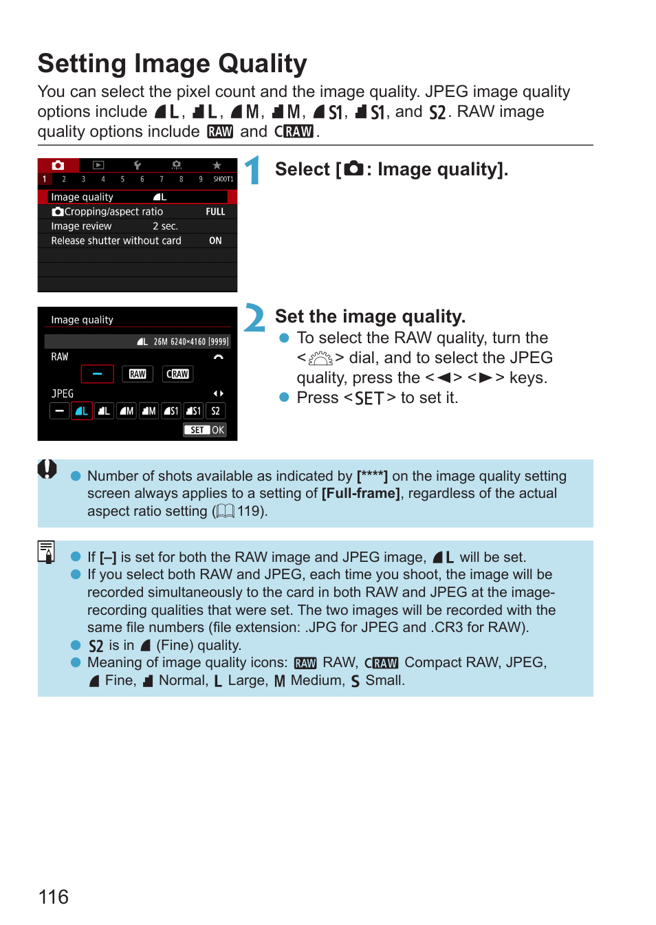 Setting image quality, Image quality, Select [ z : image quality | Set the image quality | Canon EOS RP Mirrorless Camera User Manual | Page 116 / 612