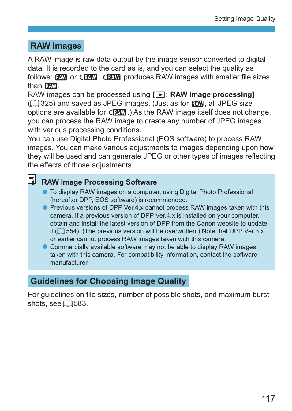 Raw images, Guidelines for choosing image quality | Canon EOS RP Mirrorless Camera User Manual | Page 117 / 612