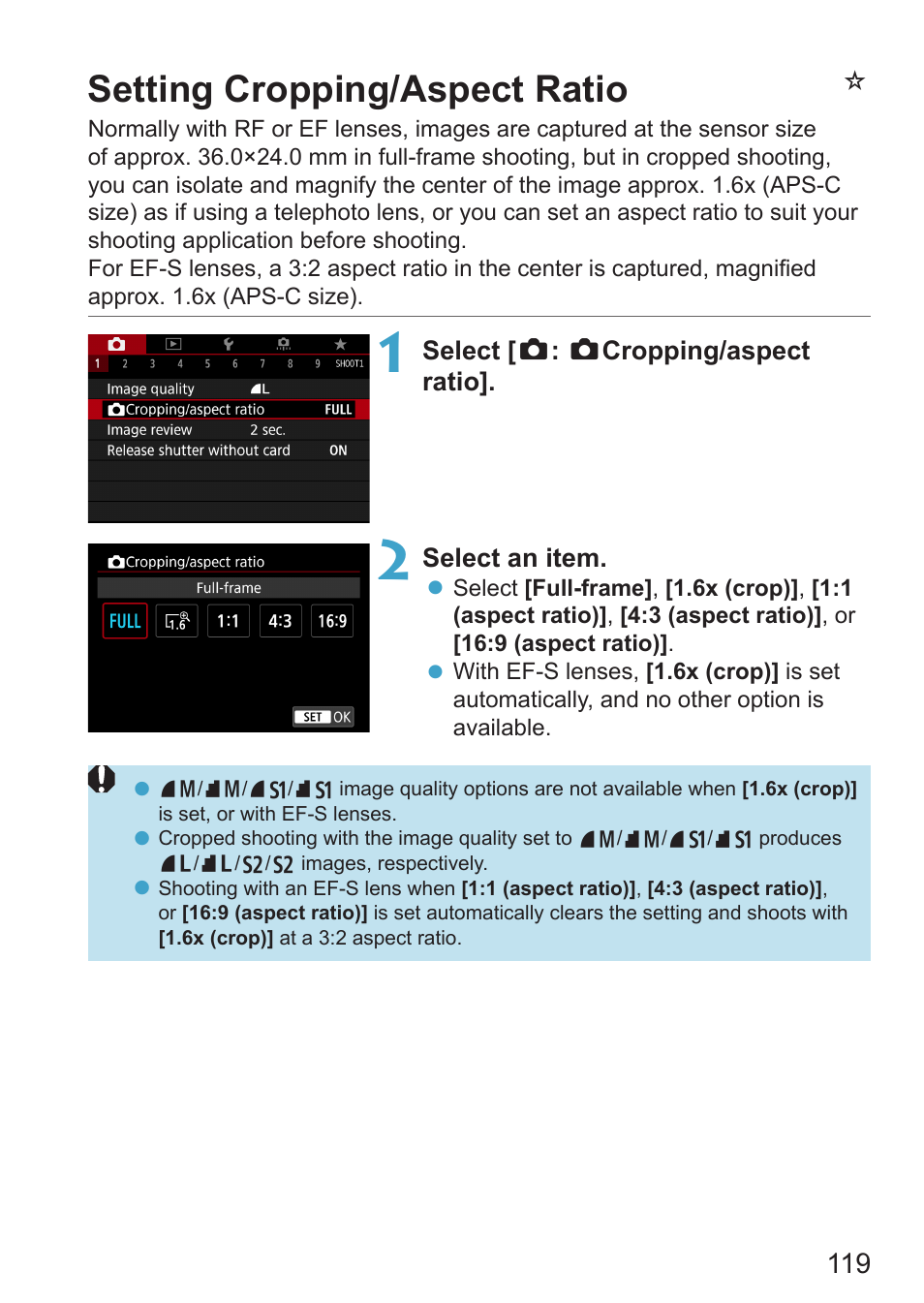 Setting cropping/aspect ratio, Nsetting cropping/aspect ratio | Canon EOS RP Mirrorless Camera User Manual | Page 119 / 612