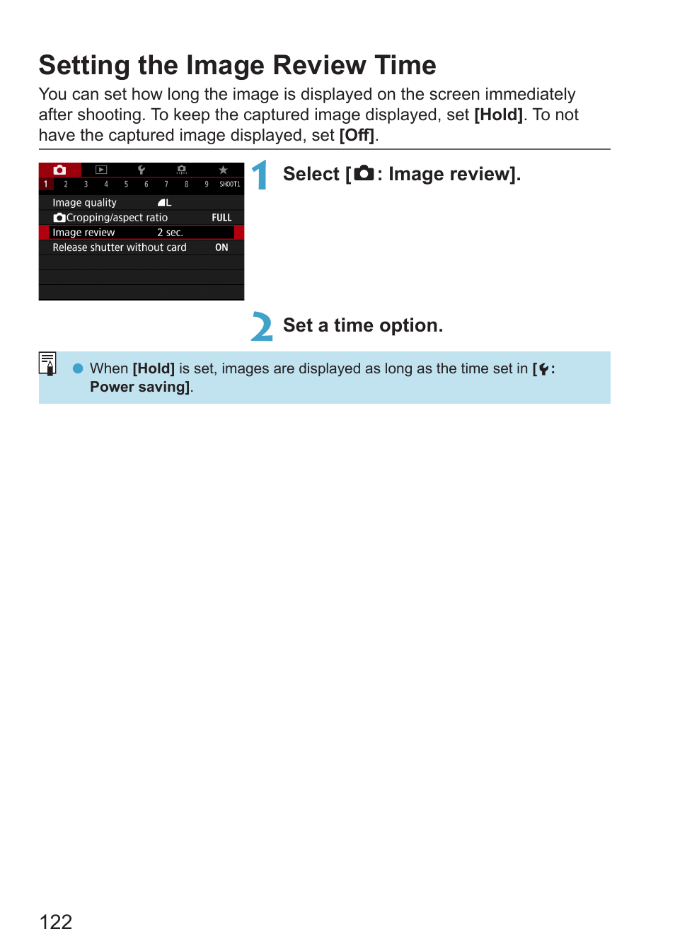 Setting the image review time, Image review time | Canon EOS RP Mirrorless Camera User Manual | Page 122 / 612