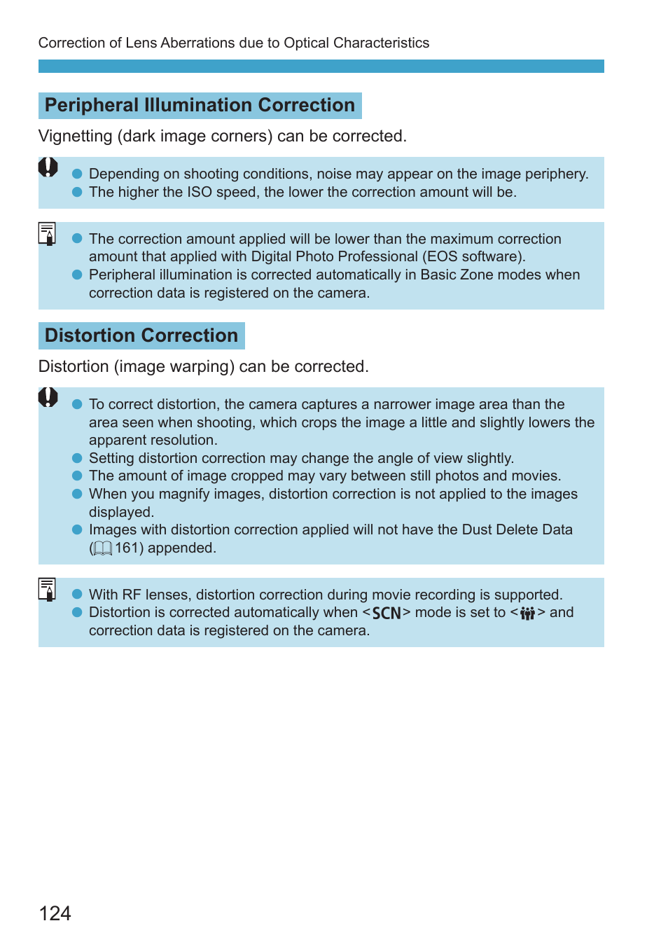 Peripheral illumination correction, Distortion correction | Canon EOS RP Mirrorless Camera User Manual | Page 124 / 612