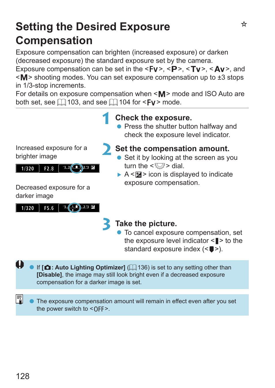 Setting the desired exposure compensation, Exposure compensation, 128) as follows | Nsetting the desired exposure compensation | Canon EOS RP Mirrorless Camera User Manual | Page 128 / 612